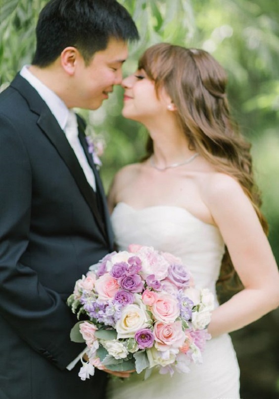 white gown and black suit for lilac and pink summer wedding 2020