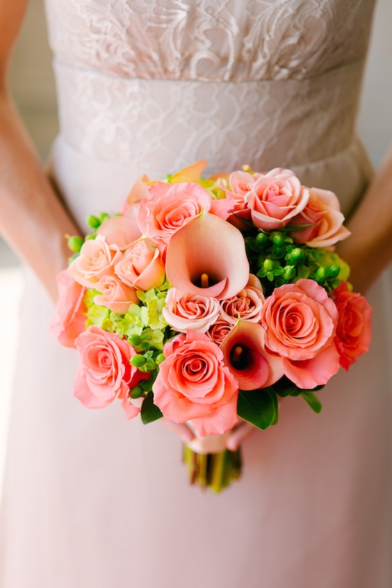 peach and green bouquets for coral and peach summer wedding 2020