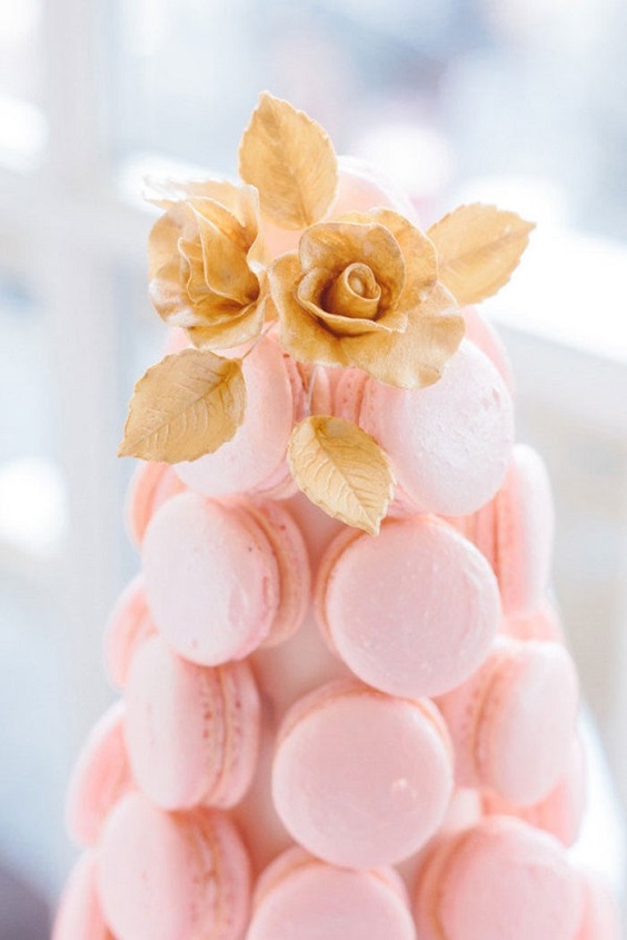 light pink macaroon tower with gold flowers for light pink and gold summer wedding 2020