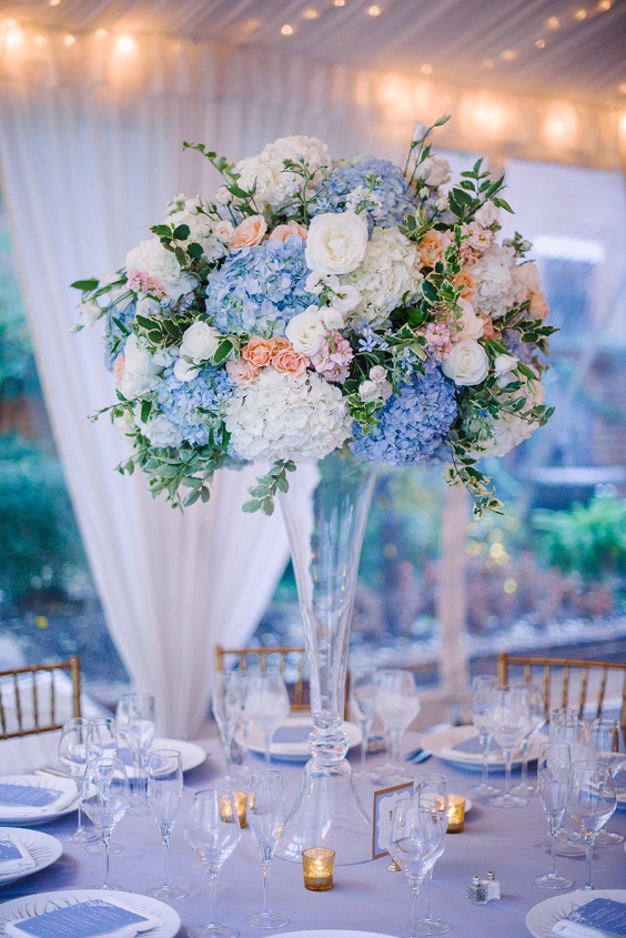 centerpieces and table setting for ice blue and peach summer wedding 2020