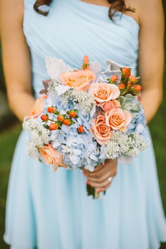 ice blue bridesmaid dress and bouquet for ice blue and peach summer wedding 2020