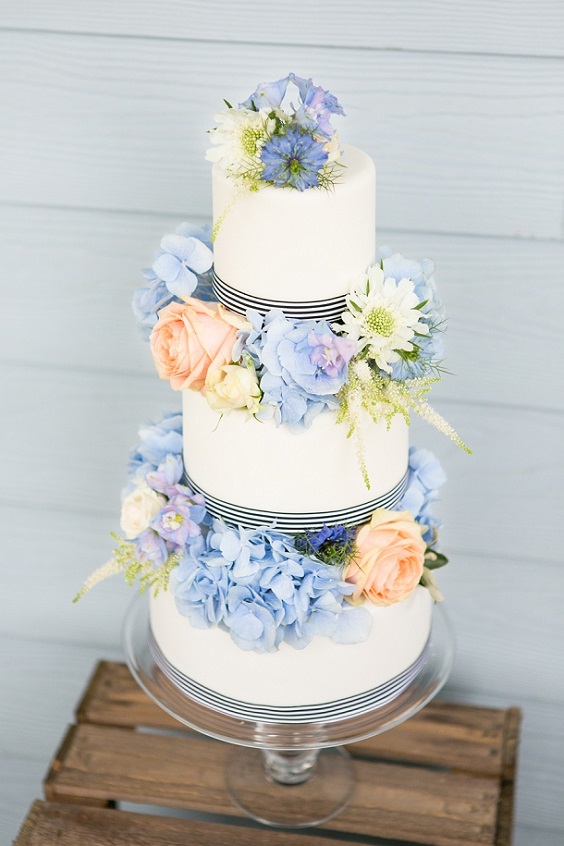 wedding cake with blue and peach flowers for ice blue and peach summer wedding 2020