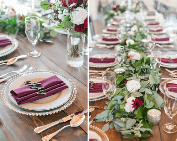 Wedding table decorations for Burgundy, Dark Blue and Blush Winter Wedding 2020