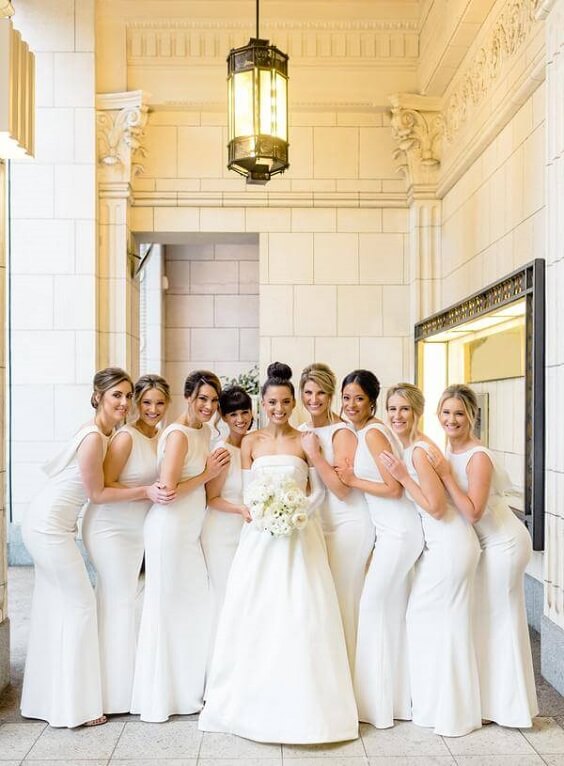 White bridesmaid dresses white bridal gown for White, Black and Silver Grey Winter Wedding 2020