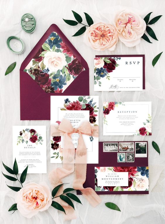 burgundy and pink invitation suit for burgundy and pink winter wedding 2021