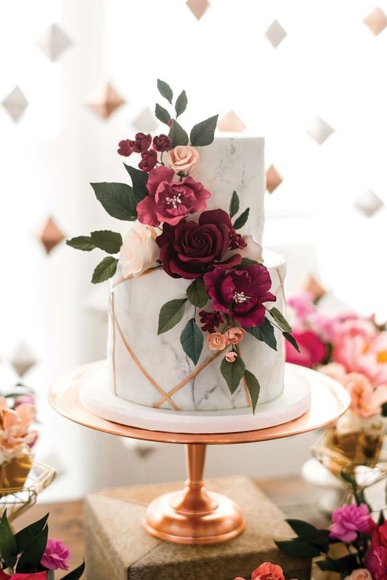 white wedding cake with burgundy and pink flowers for burgundy and pink winter wedding 2021