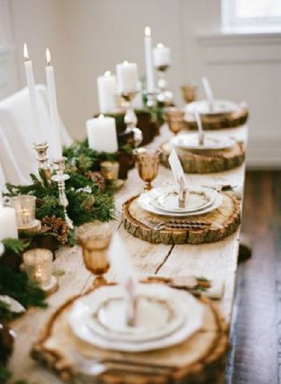 woodland wedding table decor for gold and green winter wedding 2021