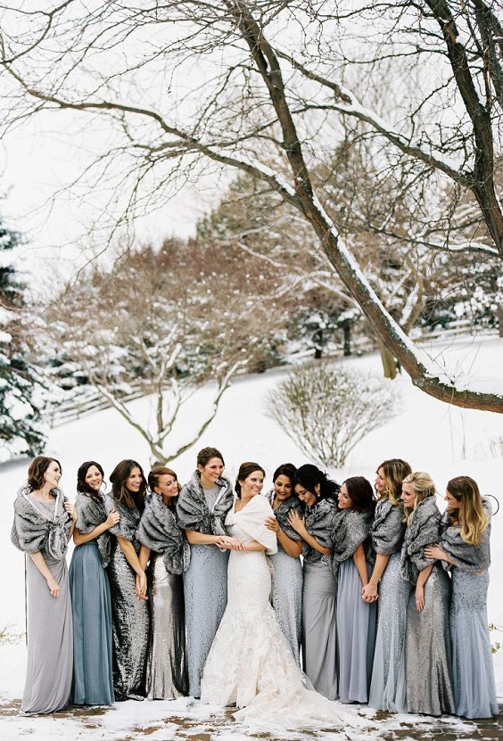 ismatched bridesmaid dresses for gray and dusty blue winter wedding 2021