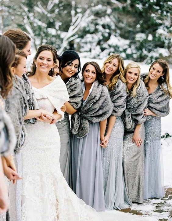 mismatched bridesmaid dresses for gray and dusty blue winter wedding 2021