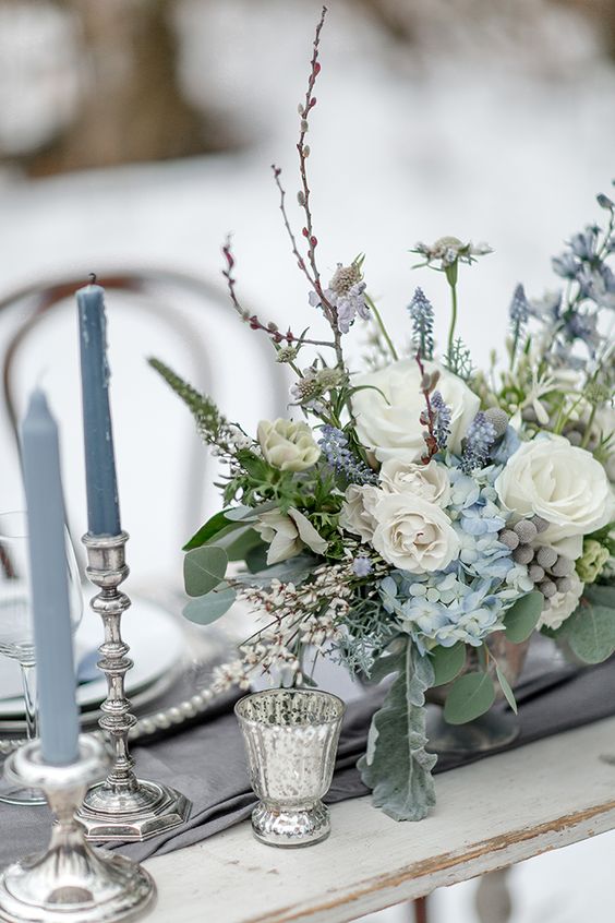 winter wedding table centerpiece for gray and dusty blue winter wedding 2021