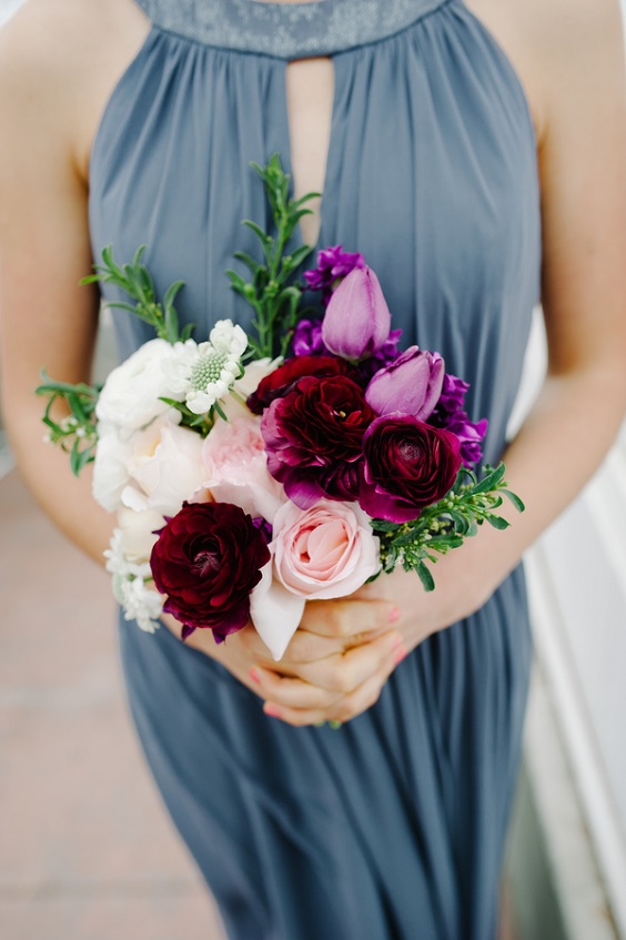 dusty blue bridesmaid dress and purple bouquet for dusty blue and purple fall wedding 2020