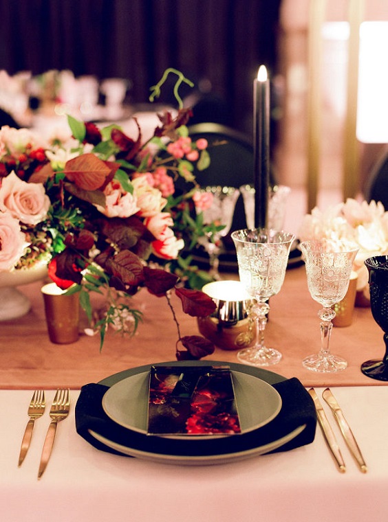 black burgundy and gold table setting for black and burgundy fall wedding 2020