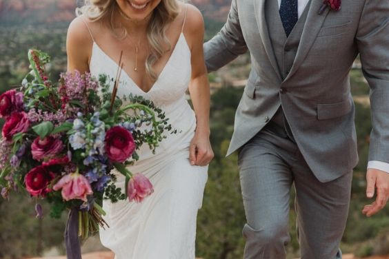 white bridal gown and grey mens suit for navy and burgundy fall wedding 2020
