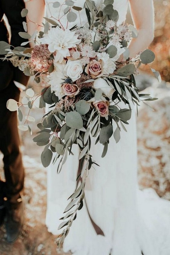 white bridal gown and bouquet for dusty rose and sage green fall wedding 2020