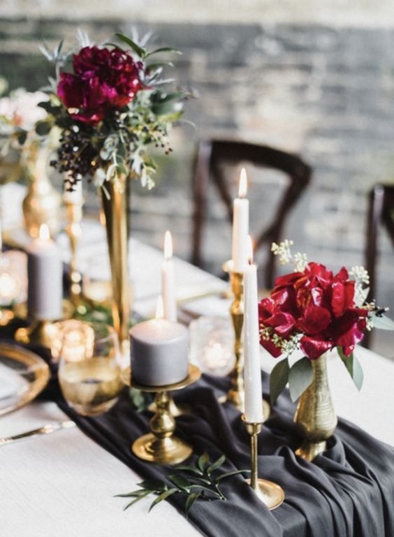grey table runner gold candleholders and burgundy blooms for grey gold and burgundy fall wedding 2020
