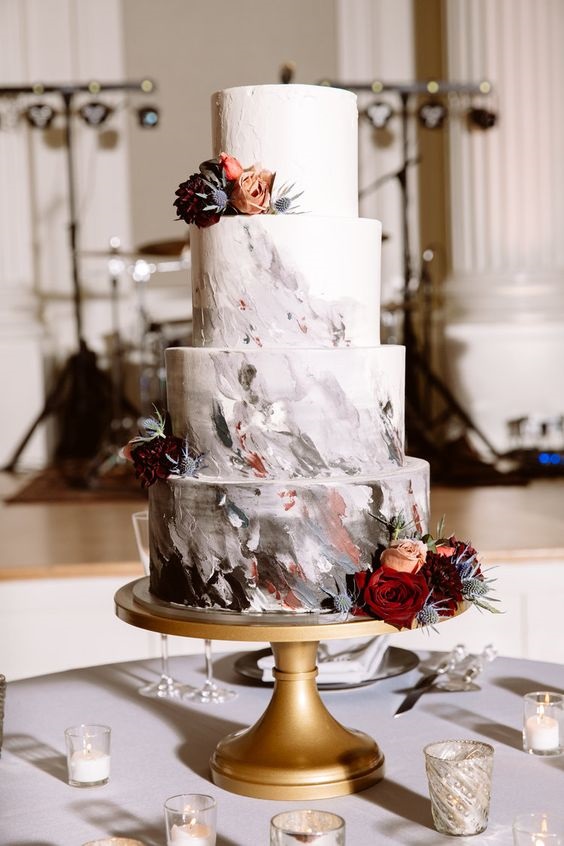 wedidng cake with grey and burgundy watercolors plus burgundy blooms for grey gold and burgundy fall wedding 2020