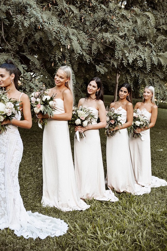 white bridesmaid dresses with sage green bouquets for white beige and sage green fall wedding 2020