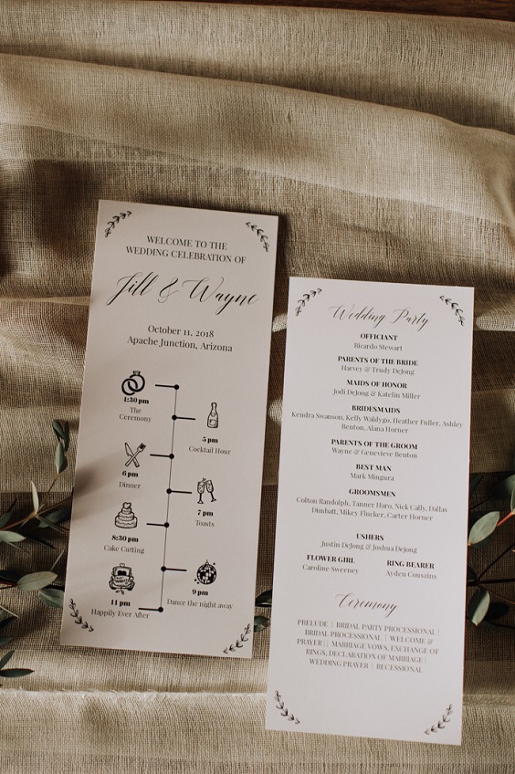 white menu for white beige and sage green fall wedding 2020