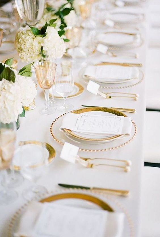 gold wedding plate and forks for white and gold august wedding color 2020
