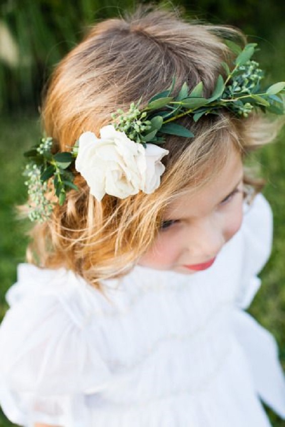 white wedding flower girl greenery crown for white and gold august wedding color 2020