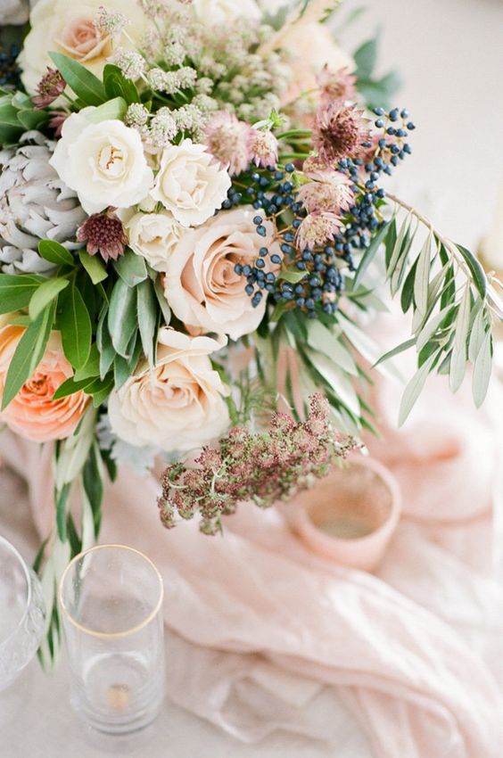 white peach and greenery wedding flower décor for dusty blue and peach august wedding color 2020