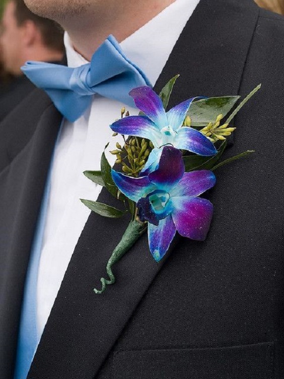 blue men bow tie purple and blue corsage  for purple and blue august wedding color 2020