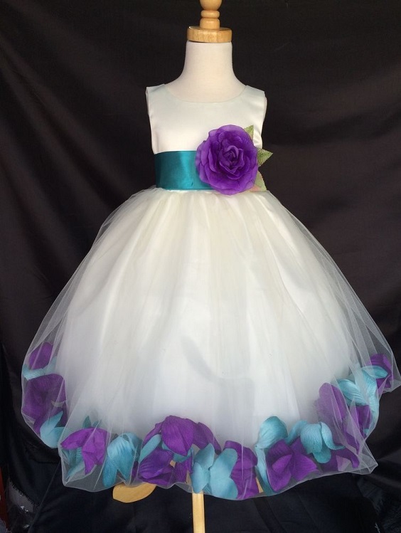 white flower girl dresses with purple blue petal  for purple and blue august wedding color 2020
