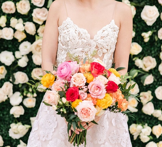 colorful bridal bouquet for peach and yellow april wedding 2020