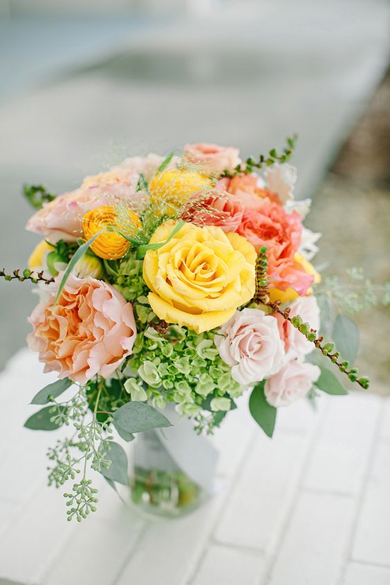 yellow and pink bridal bouquet for yellow and green april wedding 2020