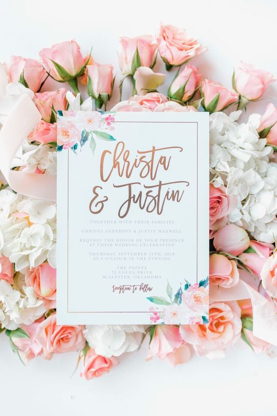 mint invitation with pink flowers for mint and pink april wedding 2020