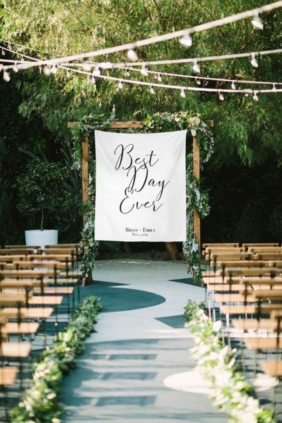 wedding ceremony decor for dusty blue and green april wedding 2020