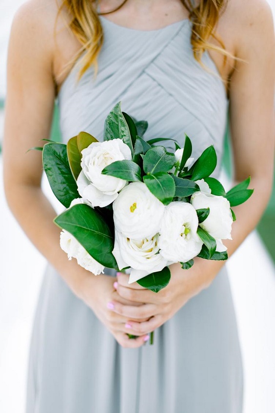 white and green buquet for dusty blue and green april wedding 2020