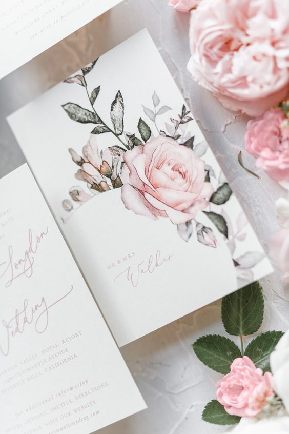 rose wedding invitation for blush and green april wedding 2020