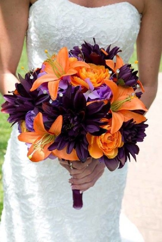 dark purple and orange bouquets for dark purple orange white october wedding colors 2020