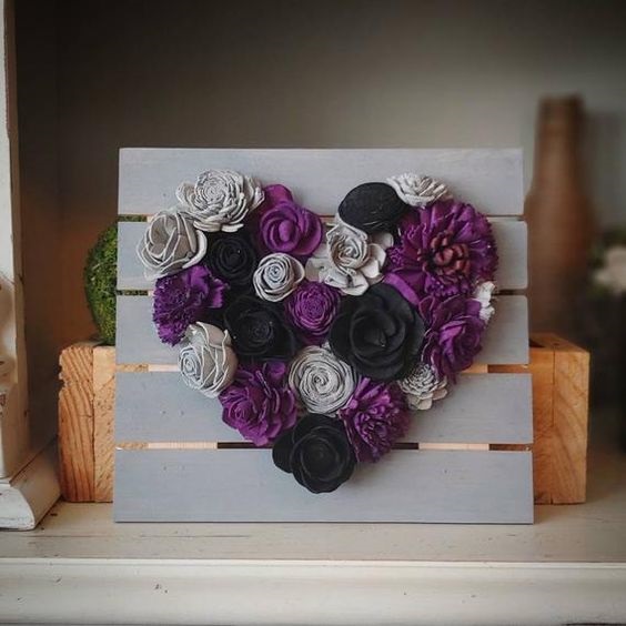 purple black and gray mini wood flowers heart board for dark purple and platinum october wedding colors 2020