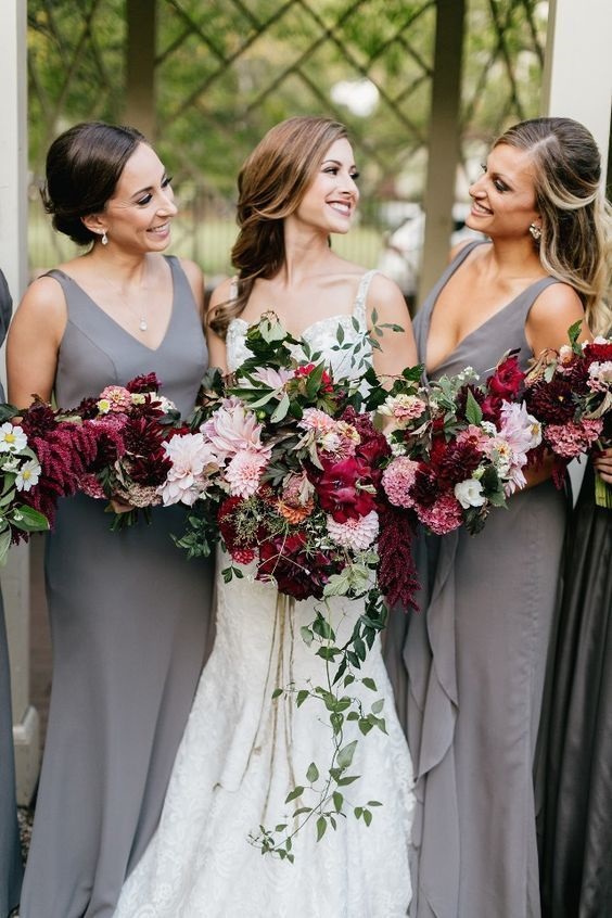 grey bridemaid dresses and burgundy bouquets for grey burgundy white october wedding colors 2020