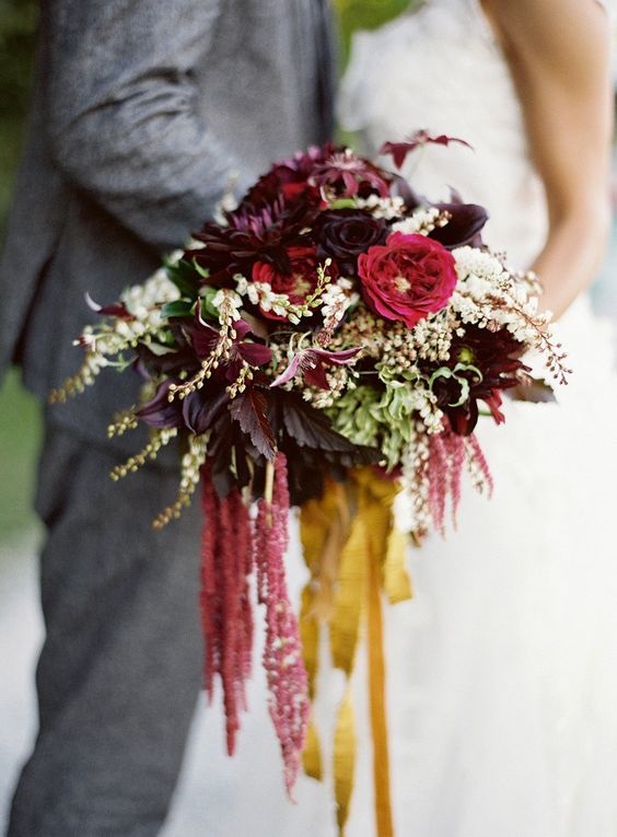 grey grooms attire and burgundy bouquets for navy blue burgundy white october wedding colors 2020