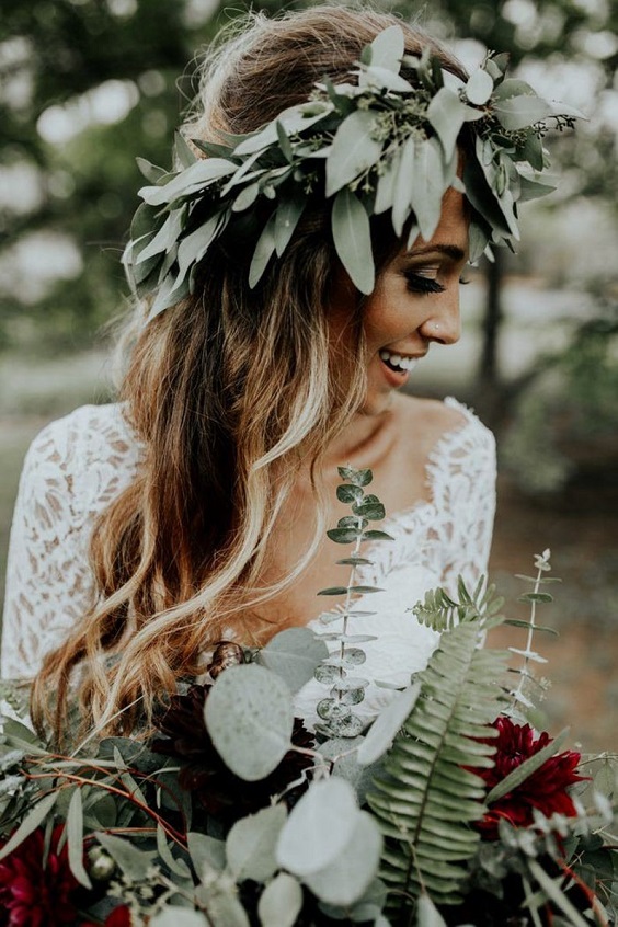white bridal gown and sage green crown for sage green and burgundy december wedding 2020