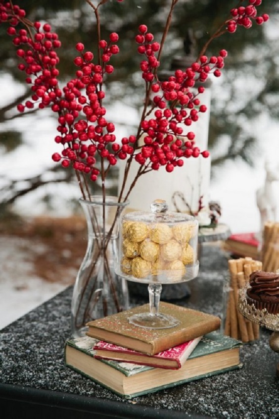 dessert table for dark red and white december wedding 2020