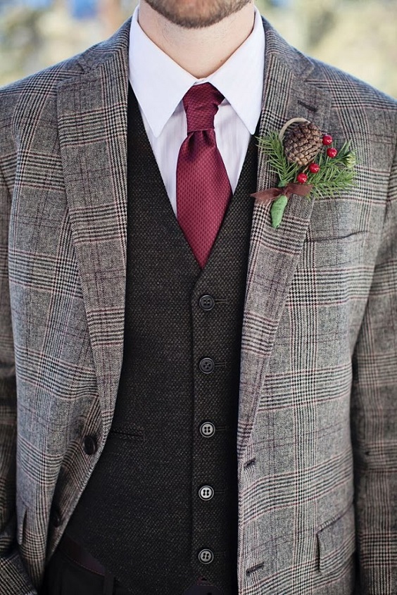 grey mens suit with dark red tie for dark red and white december wedding 2020