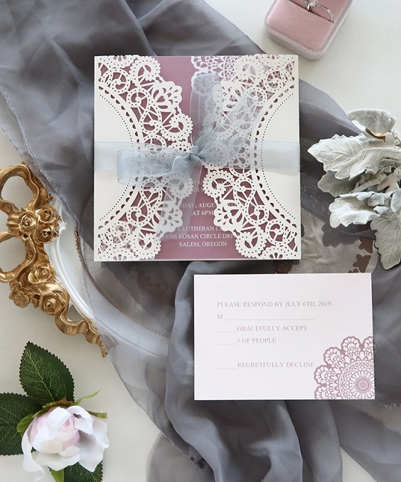 mauve and ivory laser cut invitations for mauve and grey december wedding 2020