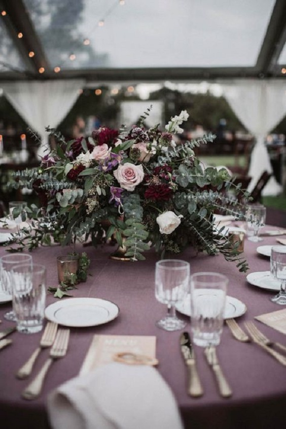 mauve tablecloth table setting and centerpiece for mauve and grey december wedding 2020