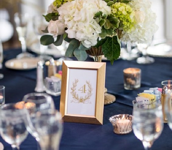 gilded table number for navy blue and gold december wedding 2020