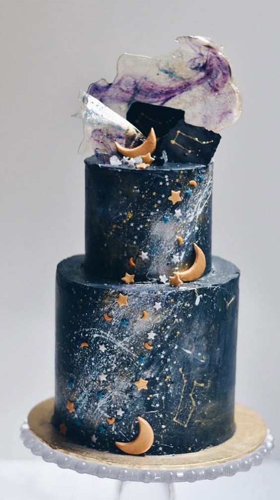 navy blue wedding cake dotted with galaxy moon and stars for navy blue and gold december wedding 2020
