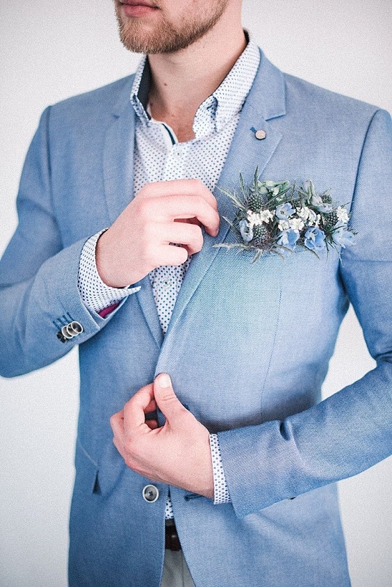 light blue men suit with boutonniere for blush and light blue march wedding color 2021