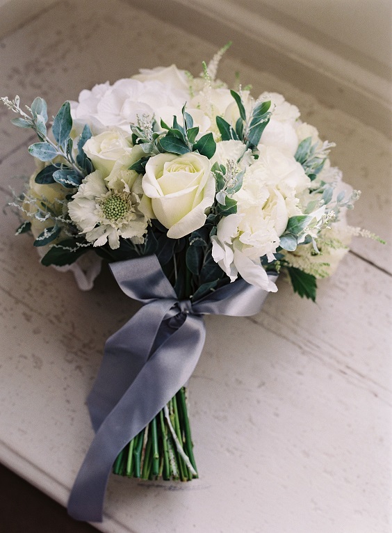 wedding bouquets with gray ribbon for dusty blue and gray march wedding color 2021