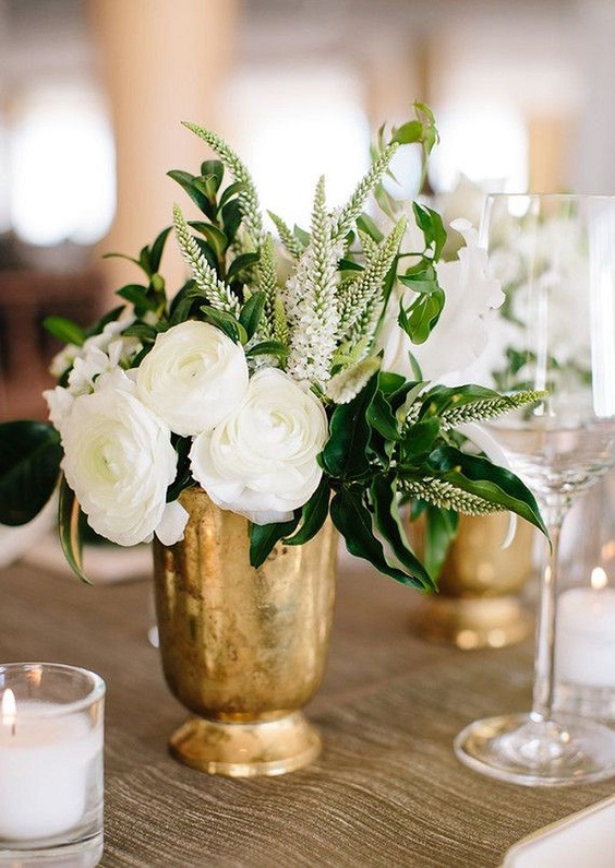 emerald and white wedding flowers with gold vase for emerald and gold march wedding color 2021