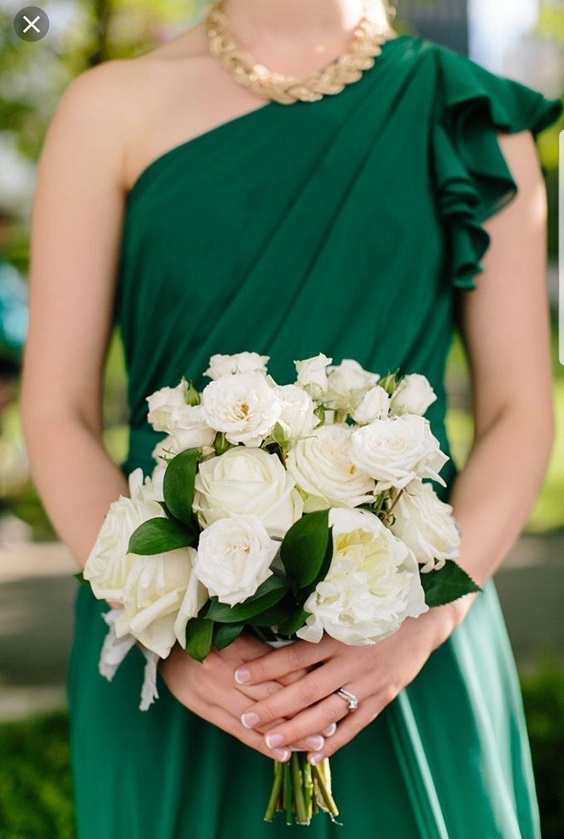 emerald bridesmaid dress with bouquets for emerald and gold march wedding color 2021