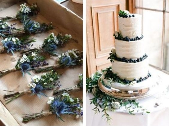 navy blue and sage green bouquets and white wedding cake with greenery for navy blue and sage green march wedding color 2021