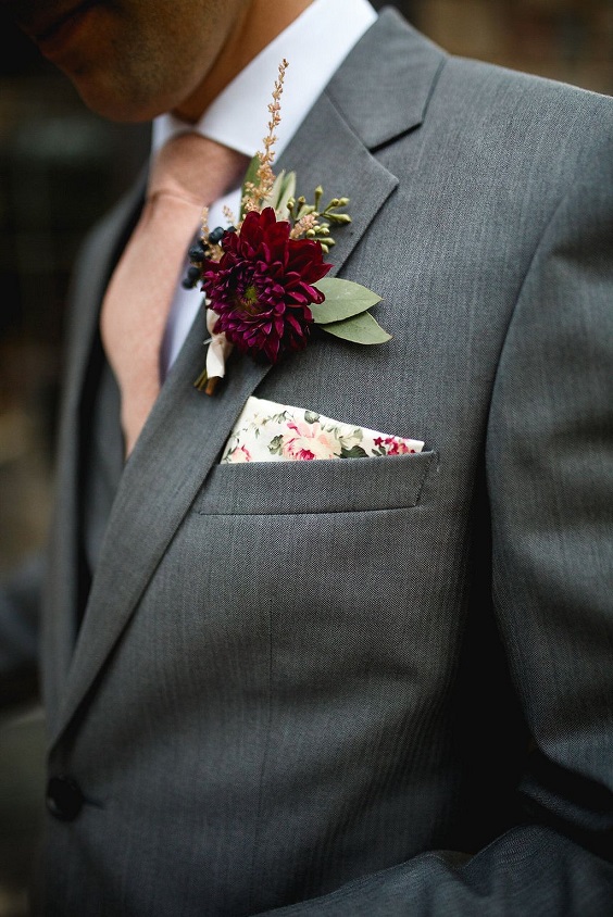 grey Groom attire with burgundy boutonniere for burgundy and grey september wedding color 2020